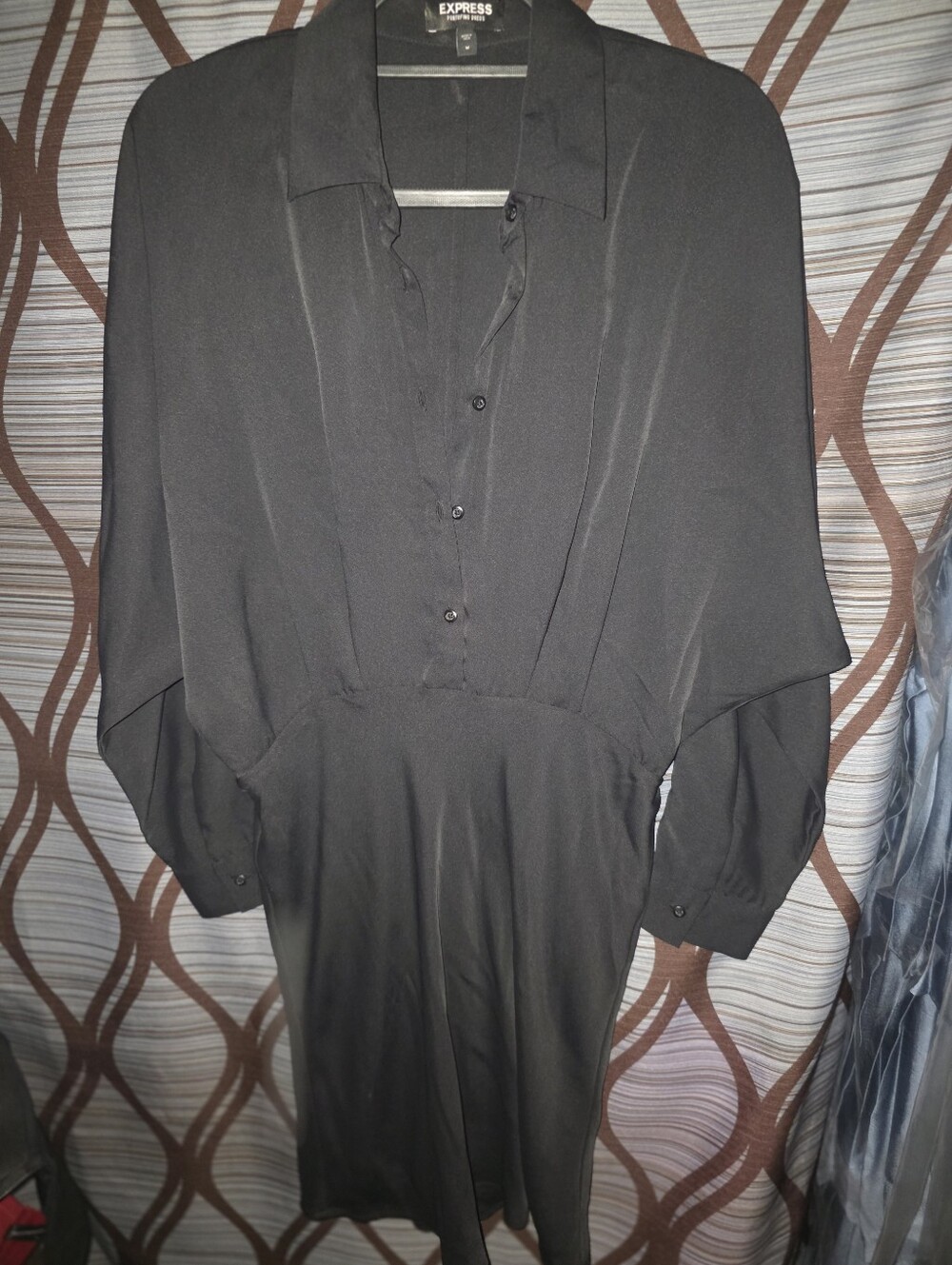 Express Black Button-Front Shirt Dress with Draped Shoulders